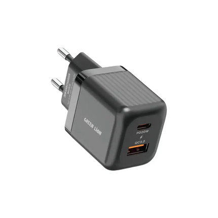 Green Lion Ultra Compact GaN 20W Wall Charger - Dual Port (USB-A + USB-C) with USB-C to USB-C & USB-C to Lightning Cables - Black