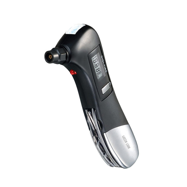 أداة الإنقاذ 9 في 1 من جرين ليون (Green Lion) - جهاز رقمي لقياس ضغط الإطارات - مطرقة كسر الزجاج - قاطع حزام الأمان - كشاف LED - أسود