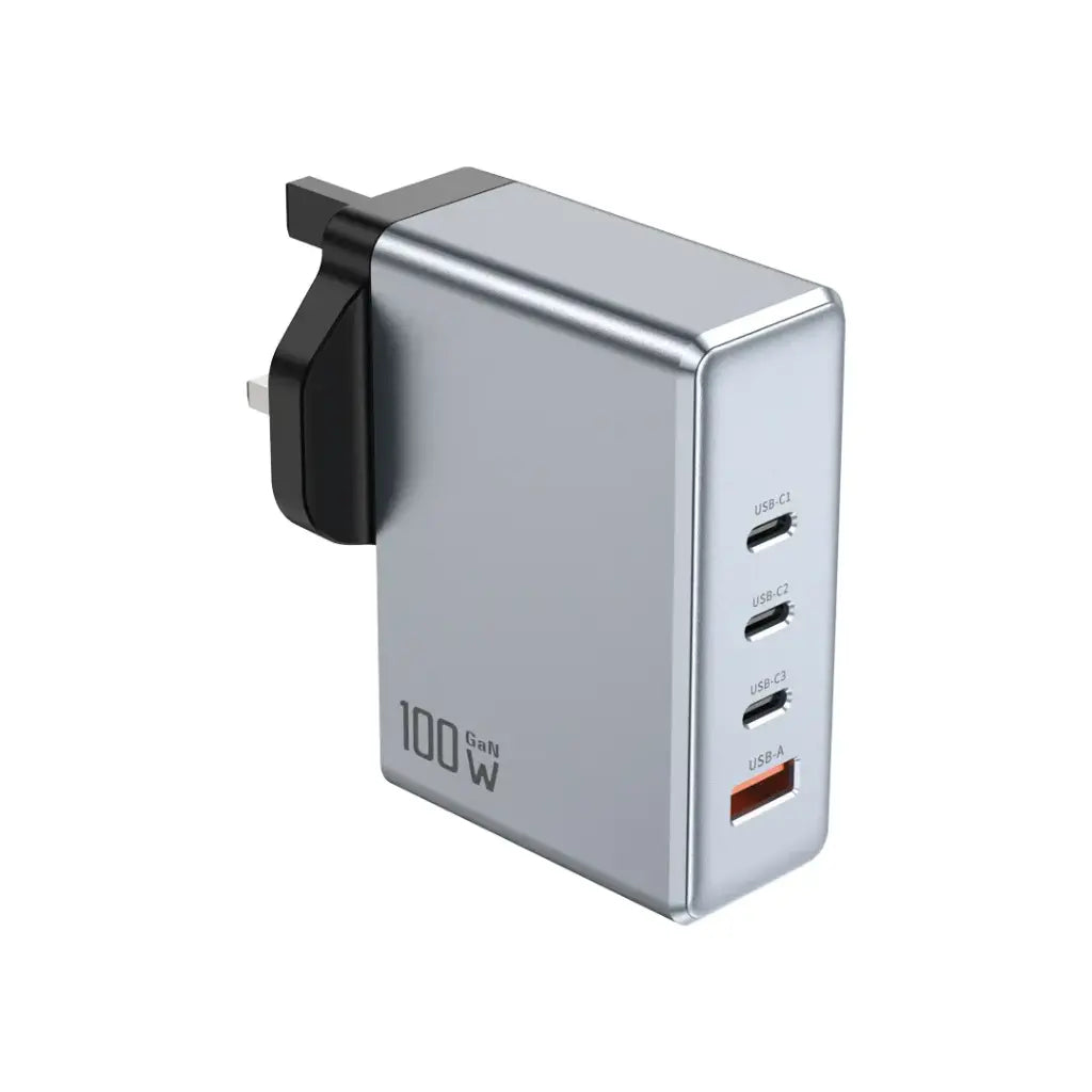 شاحن جداري جرين ليون (Green Lion) تقنية GaN بقوة 100 واط - 4 منافذ (3x USB-C, 1x USB-A) - قابس بريطاني - رمادي
