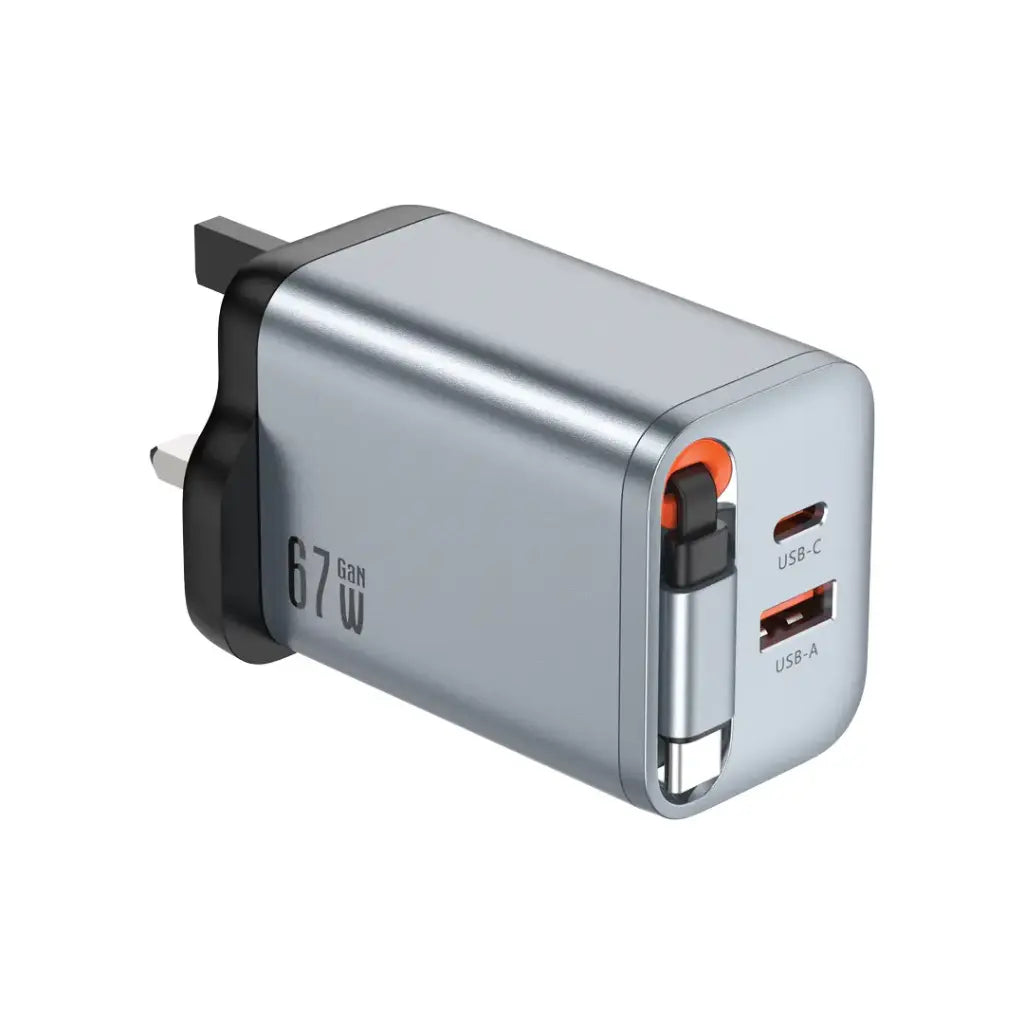 شاحن جداري جرين ليون (Green Lion) تقنية GaN بقوة 67 واط - 3 منافذ (2x USB-C, 1x USB-A) - قابس بريطاني - رمادي