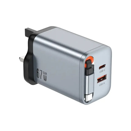 Green Lion GaN Premium 67W Wall Charger - Triple Port (2x USB-C, 1x USB-A) - UK Plug - Grey
