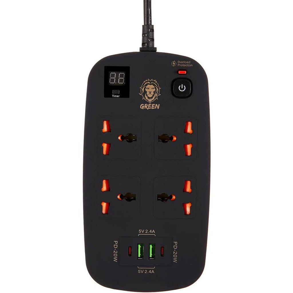 وصلة كهرباء جرين ليون (Green Lion) الذكية متعددة المنافذ - 4 مخارج AC - منافذ USB بقوة 40 واط - قدرة 3500 واط - طول 3 متر - أسود