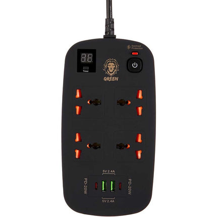 Green Lion Multiport Smart Power Socket - 4 AC Outlets - 40W PD USB-C & USB Ports - 3500W Max Power - 3M Cable - Black