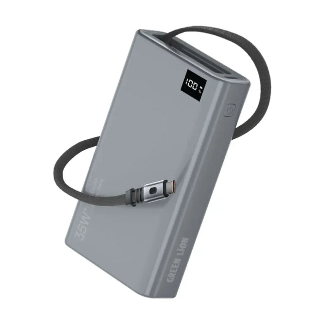 بنك طاقة جرين ليون (Green Lion) بكيبلات قابلة للسحب - 10000 مللي أمبير - شحن فائق السرعة 35 واط - كيبلات USB-C و Lightning مدمجة - أسود ورمادي