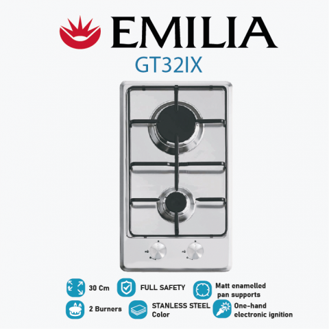 غاز مدمج 30 سم شعلتين من Emilia - ستانلس ستيل 