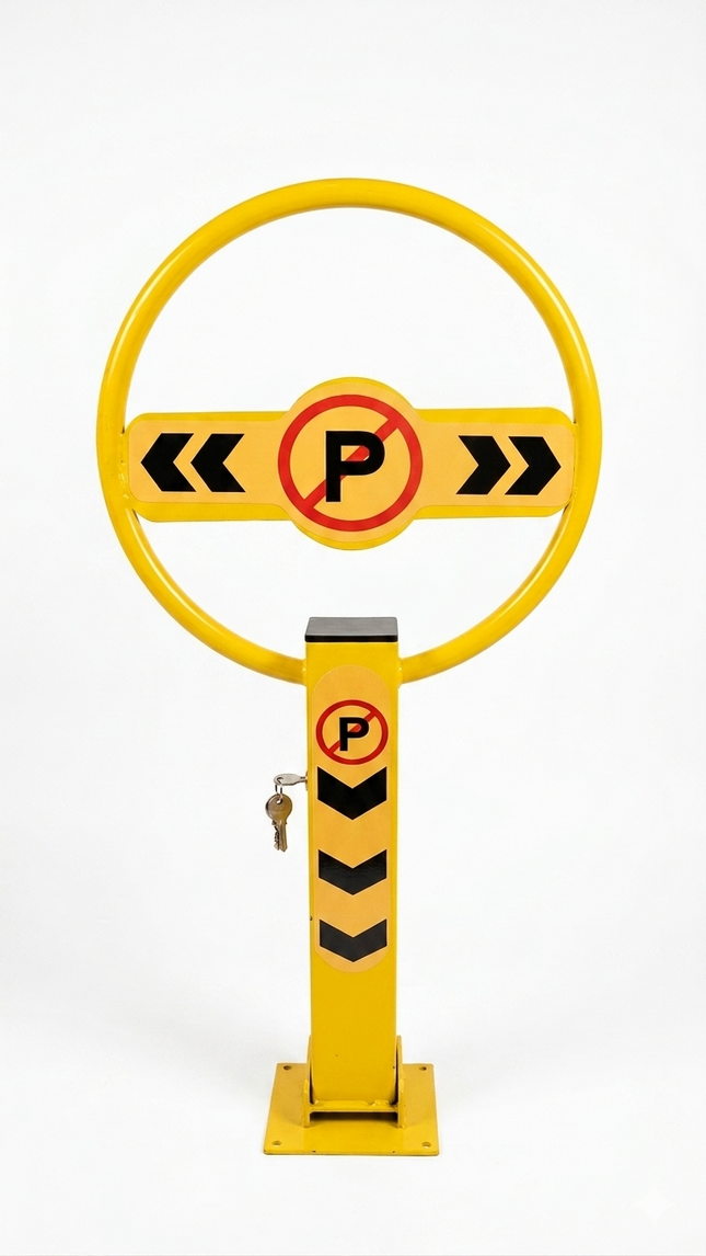 Manual Folding Parking Barrier Lock - Circular Bollard Design with Key Lock, Weather-Resistant Steel Post for Private Parking Security