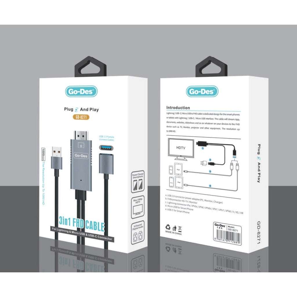 كابل 3 في 1 HDTV إلى Lightning وMicro USB وType-C Connector GD-8271 كابل 3 في 1 HDTV إلى Lightning وMicro USB وType-C Connector GD-8271