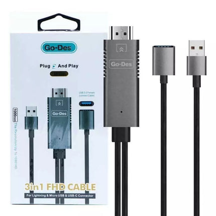3-in-1 HDTV to Lightning, Micro USB, and Type-C Connector Cable GD-8271