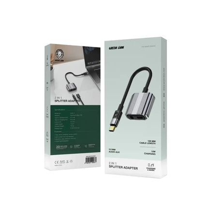 Green Lion 2-in-1 Type-C Splitter Adapter - USB-C to 3.5mm AUX & USB-C Charging Port - Grey