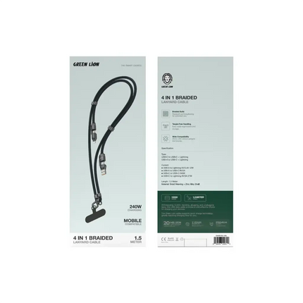 Green Lion 4-in-1 Braided Lanyard Cable - Multi-Connector Charging Cord & Wearable Strap - Black