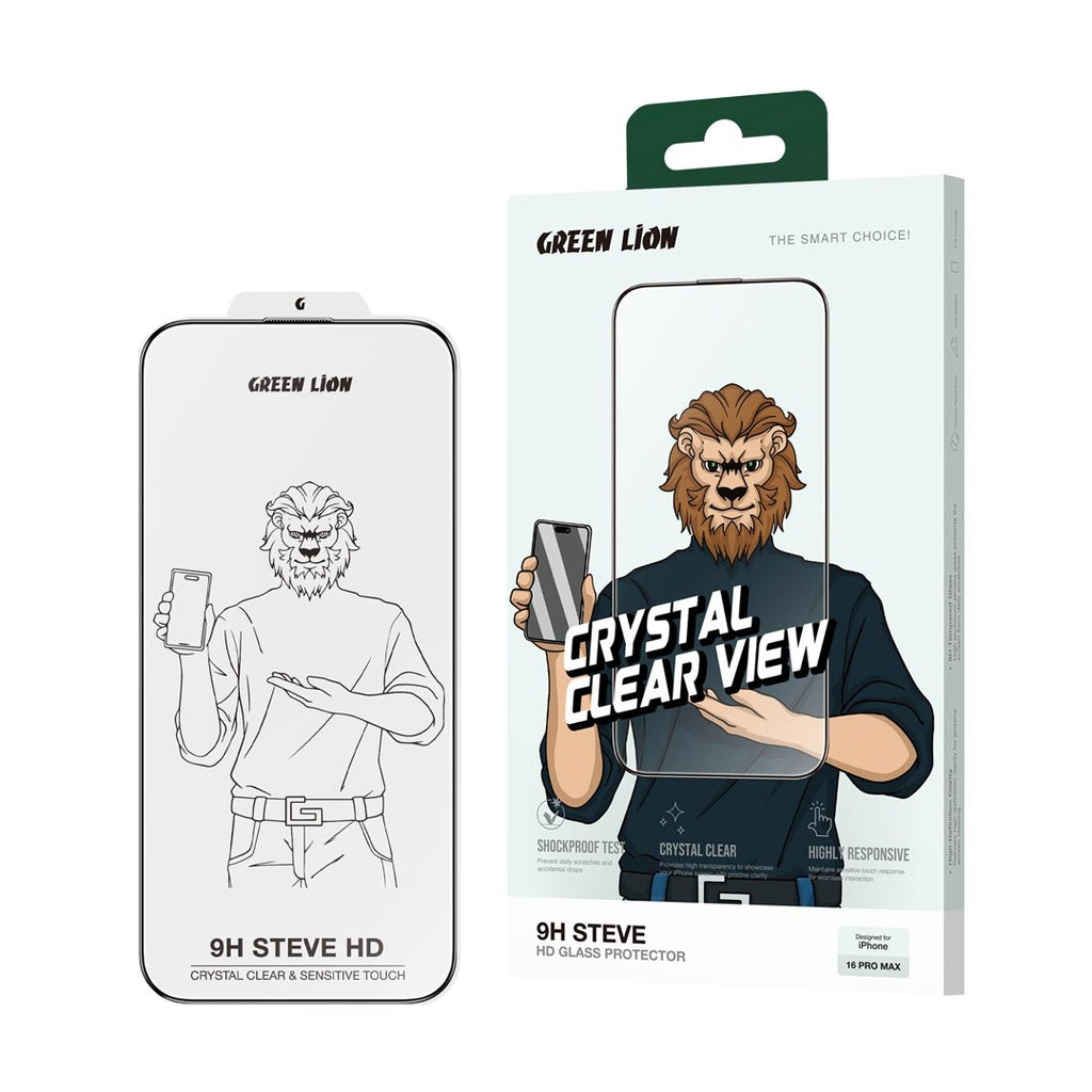 شاشة حماية جرين ليون (Green Lion) شفافة 9H Steve HD - حواف سوداء - لجميع إصدارات آيفون 11 إلى 16