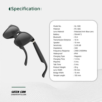 Green Lion Barcelona Smart Glasses - Open-Ear Bluetooth Audio & HD Microphone - Black