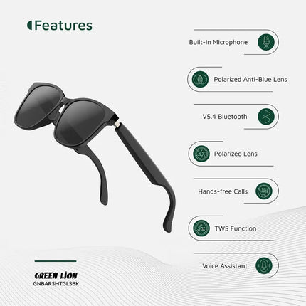 Green Lion Barcelona Smart Glasses - Open-Ear Bluetooth Audio & HD Microphone - Black
