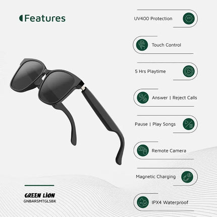 Green Lion Barcelona Smart Glasses - Open-Ear Bluetooth Audio & HD Microphone - Black