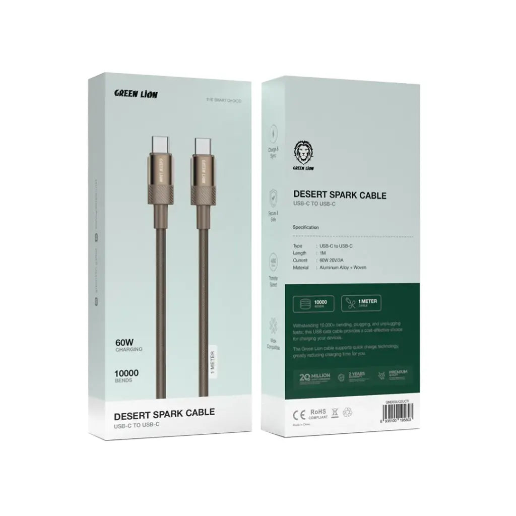 كابل جرين ليون (Green Lion) ديسيرت سبارك من USB-C إلى USB-C بقوة 60 واط - لون تيتانيوم صحراوي
