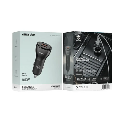 Green Lion Dual QC3.0 40W Car Charger - Dual USB-A Ports - Fast Charging - Black