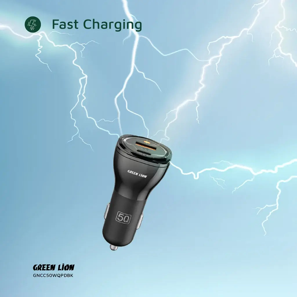 شاحن سيارة جرين ليون (Green Lion) بمنفذين وقوة 50 واط - مع كابلين (C to C و C to Lightning) - أسود شاحن سيارة جرين ليون (Green Lion) بمنفذين وقوة 50 واط - مع كابلين (C to C و C to Lightning) - أسود