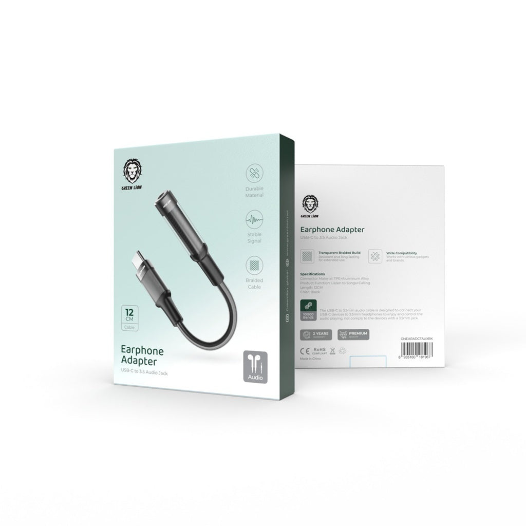 محول جرين ليون (Green Lion) من USB-C إلى منفذ سماعة 3.5 مم AUX - طول 12 سم - أسود محول جرين ليون (Green Lion) من USB-C إلى منفذ سماعة 3.5 مم AUX - طول 12 سم - أسود