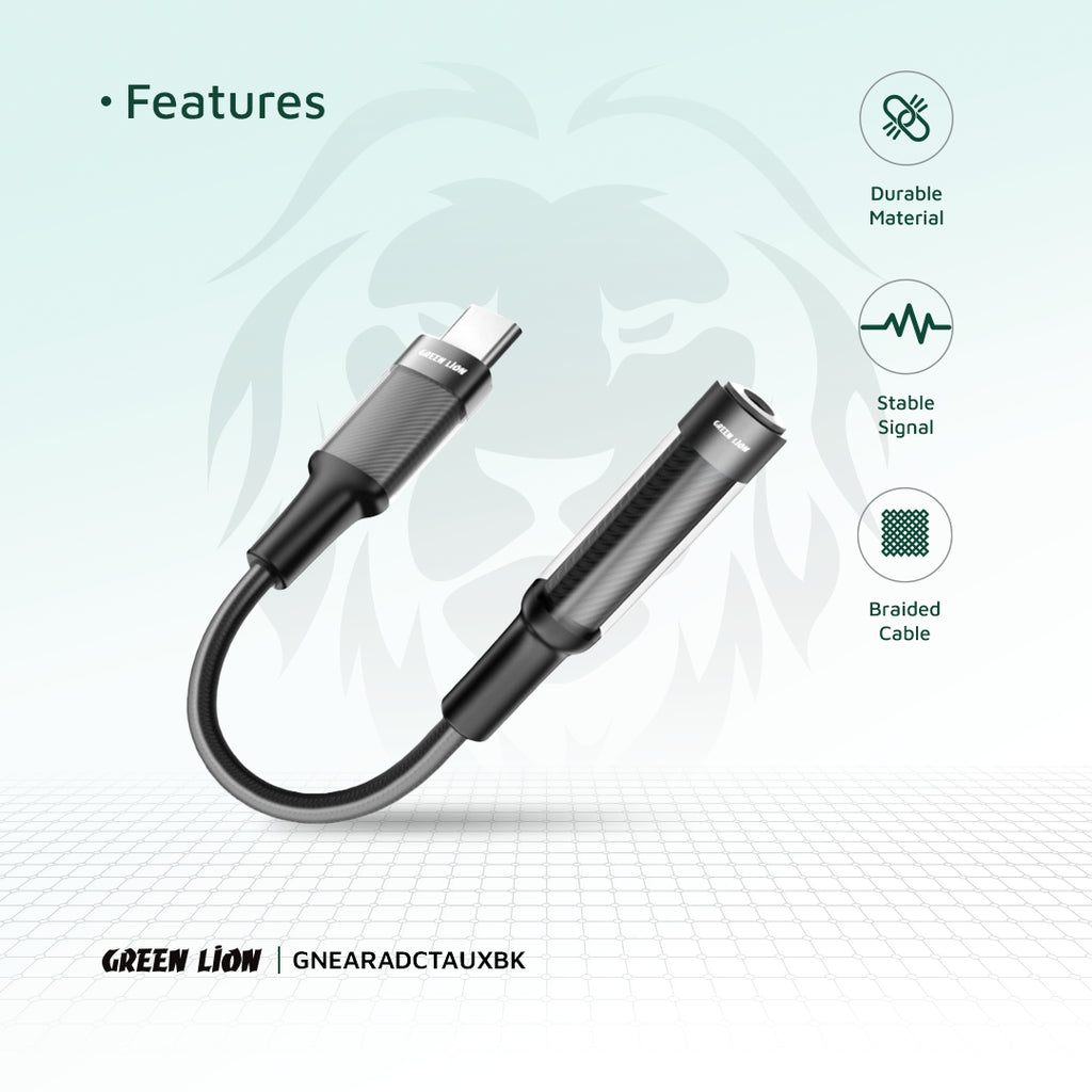 محول جرين ليون (Green Lion) من USB-C إلى منفذ سماعة 3.5 مم AUX - طول 12 سم - أسود