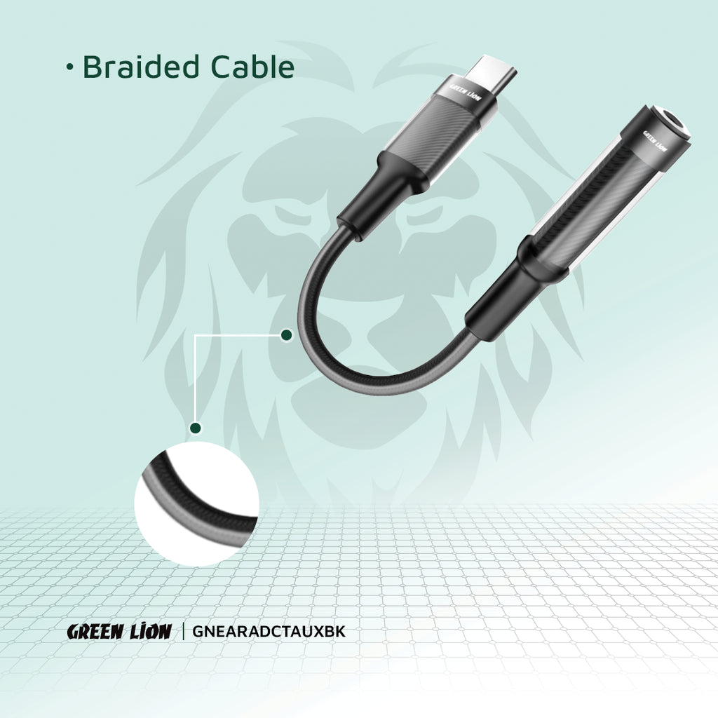 محول جرين ليون (Green Lion) من USB-C إلى منفذ سماعة 3.5 مم AUX - طول 12 سم - أسود