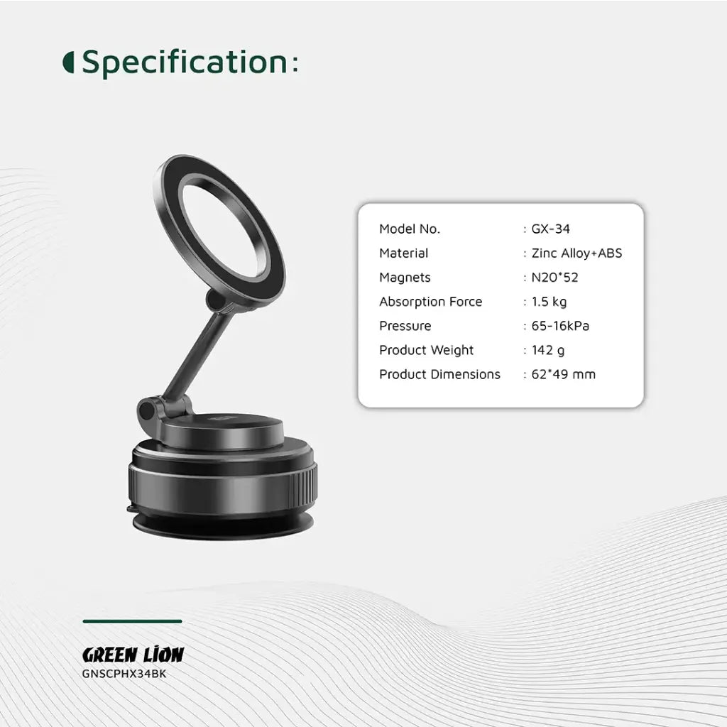 حامل هاتف جرين ليون (Green Lion) GX-34 - آلية تثبيت ميكانيكية - دوران 360 درجة - قاعدة شفط للتابلو والزجاج - أسود حامل هاتف جرين ليون (Green Lion) GX-34 - آلية تثبيت ميكانيكية - دوران 360 درجة - قاعدة شفط للتابلو والزجاج - أسود