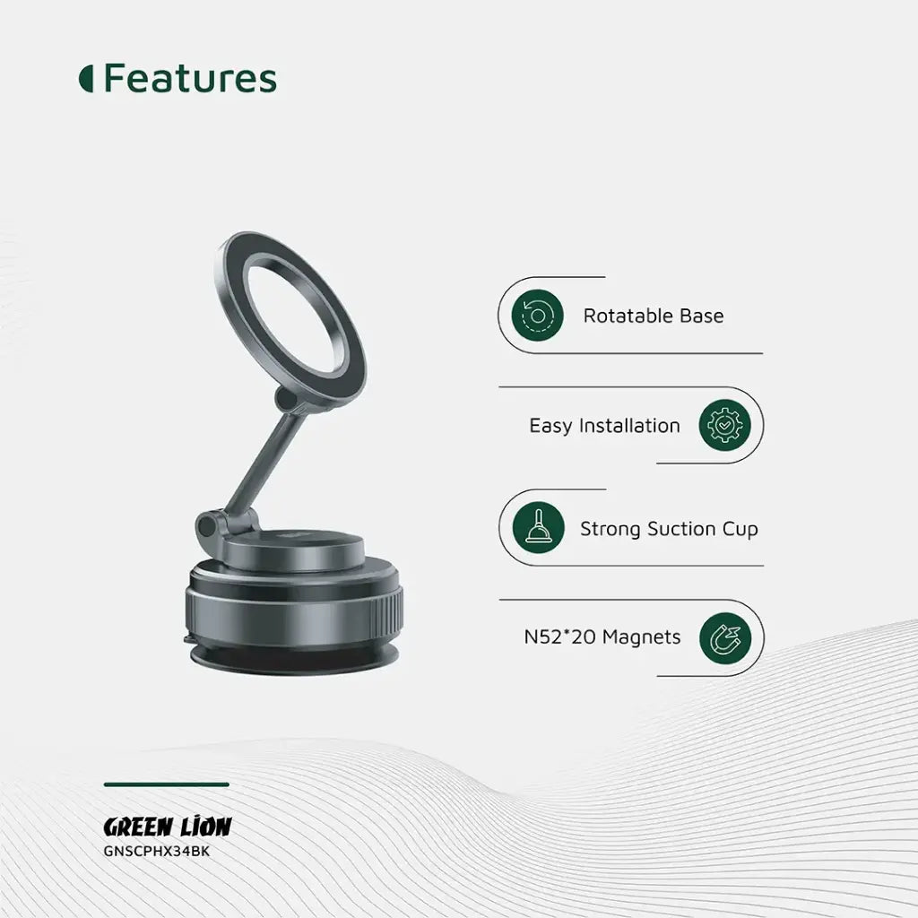 حامل هاتف جرين ليون (Green Lion) GX-34 - آلية تثبيت ميكانيكية - دوران 360 درجة - قاعدة شفط للتابلو والزجاج - أسود حامل هاتف جرين ليون (Green Lion) GX-34 - آلية تثبيت ميكانيكية - دوران 360 درجة - قاعدة شفط للتابلو والزجاج - أسود
