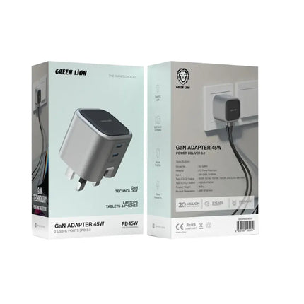 Green Lion GaN Adapter 45W - Dual USB-C Ports - Compact Fast Charger - Grey