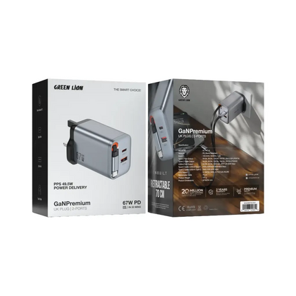 Green Lion GaN Premium 67W Wall Charger - Triple Port (2x USB-C, 1x USB-A) - UK Plug - Grey
