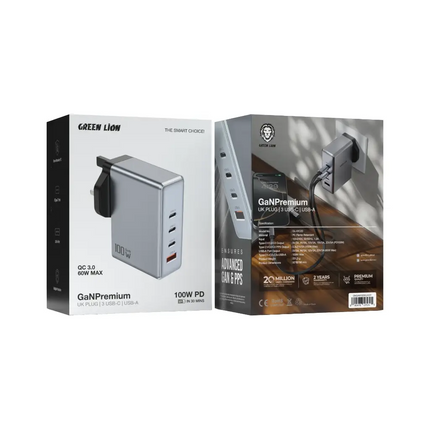 Green Lion GaN Premium 100W Wall Charger - Quad Port (3x USB-C, 1x USB-A) - UK Plug - Grey