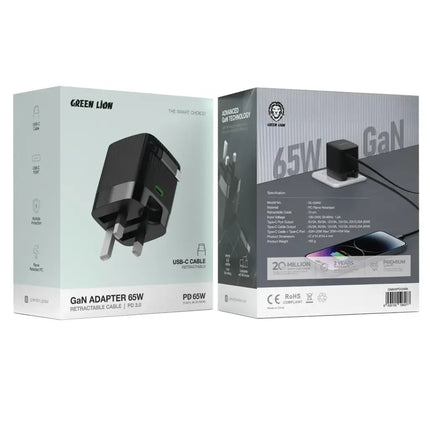 Green Lion GaN 65W Wall Charger with Retractable USB-C Cable - PD 3.0 - Black / White