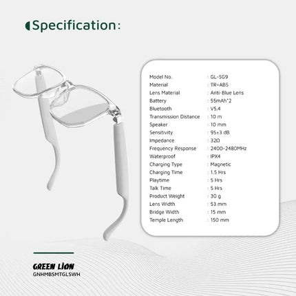 Green Lion Hamburg Smart Glasses - Open-Ear Bluetooth Audio & HD Microphone - White