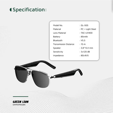Green Lion Miami Smart Glasses - Integrated Bluetooth Audio & Hands-Free Microphone - Black