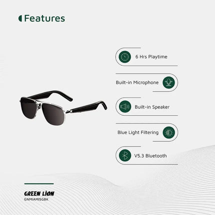 Green Lion Miami Smart Glasses - Integrated Bluetooth Audio & Hands-Free Microphone - Black