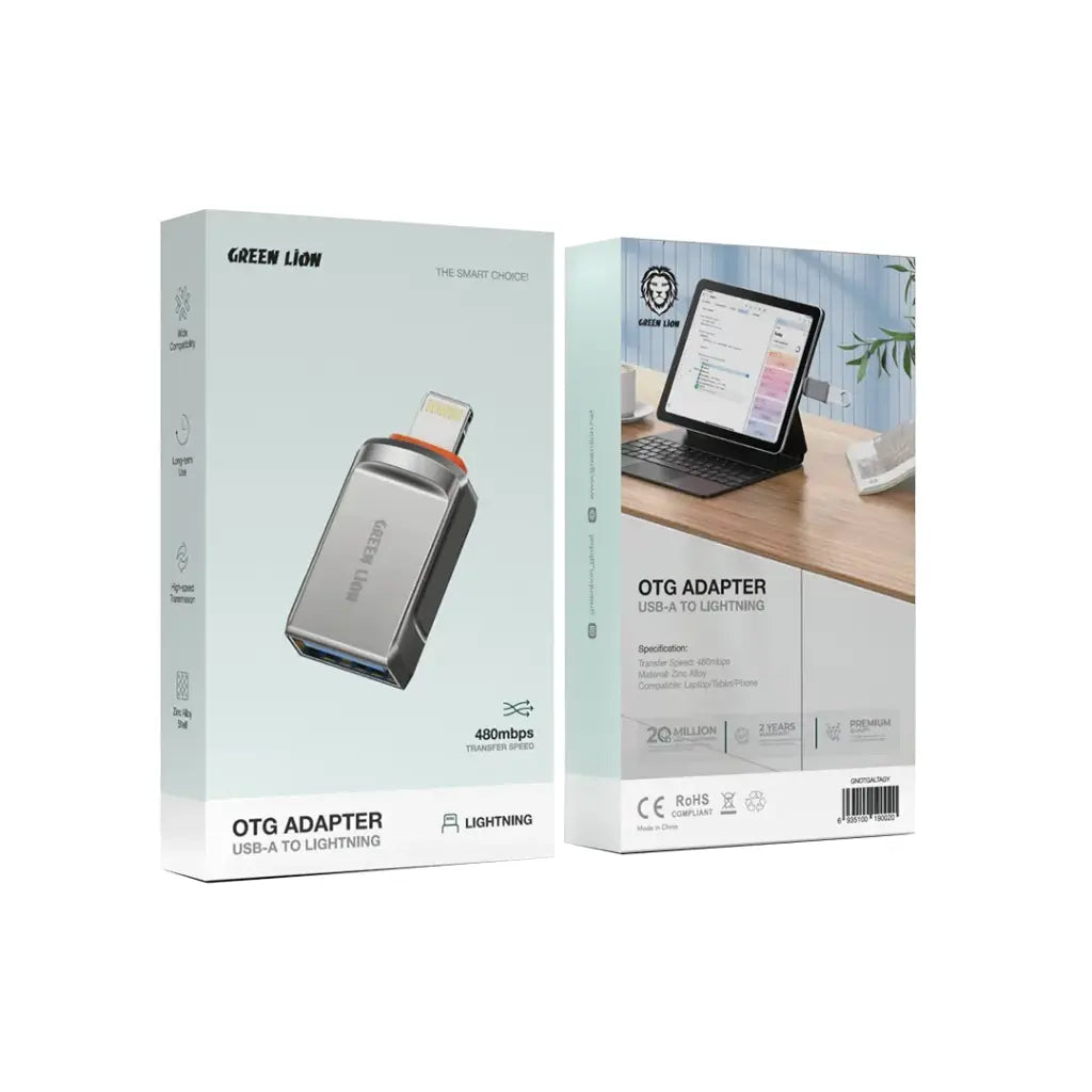 وصلة جرين ليون (Green Lion) OTG - من USB-A إلى USB-C و Lightning - نقل بيانات سريع - تصميم مدمج - رمادي وصلة جرين ليون (Green Lion) OTG - من USB-A إلى USB-C و Lightning - نقل بيانات سريع - تصميم مدمج - رمادي