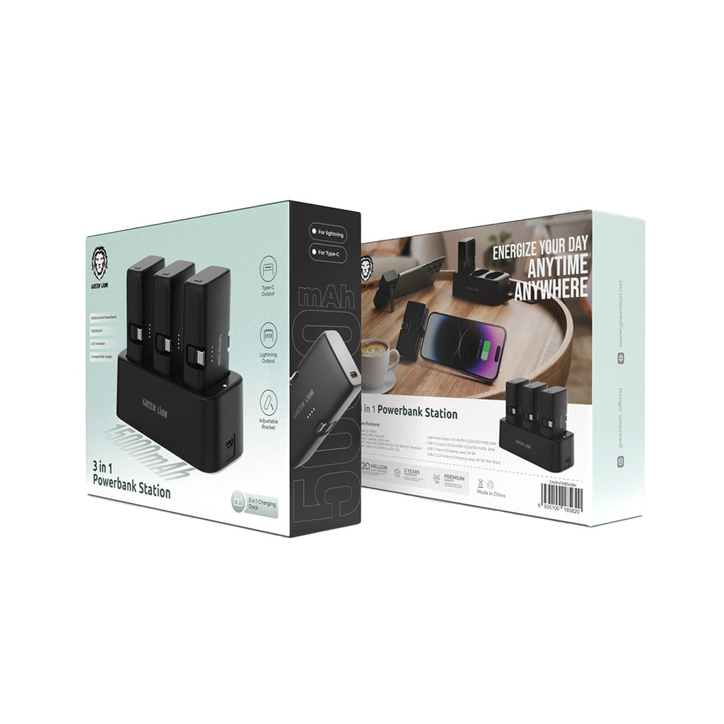 محطة شحن جرين ليون (Green Lion) 3 في 1 - قاعدة شحن مع 3 بنوك طاقة بسعة 5000 مللي أمبير - موصلات Lightning و USB-C مدمجة - أسود محطة شحن جرين ليون (Green Lion) 3 في 1 - قاعدة شحن مع 3 بنوك طاقة بسعة 5000 مللي أمبير - موصلات Lightning و USB-C مدمجة - أسود