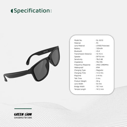 Green Lion Sydney Smart Glasses - Wireless Bluetooth Audio & Integrated Microphone - Black