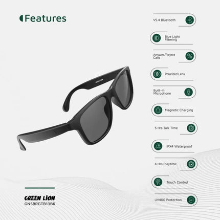 Green Lion Sydney Smart Glasses - Wireless Bluetooth Audio & Integrated Microphone - Black