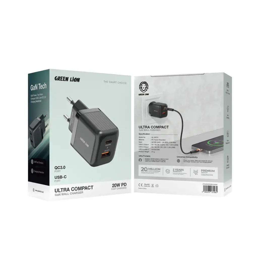 Green Lion Ultra Compact GaN 20W Wall Charger Dual Port USB-A USB-C with Bonus USB-C Cable Black
