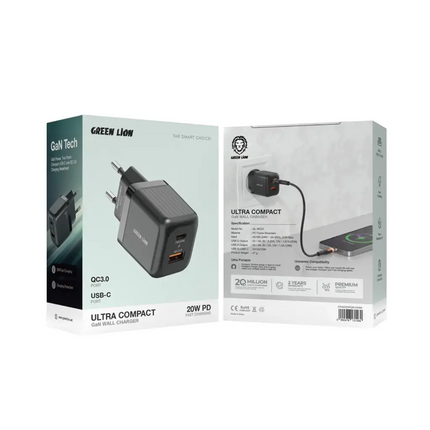 Green Lion Ultra Compact GaN 20W Wall Charger - Dual Port (USB-A + USB-C) with USB-C to USB-C & USB-C to Lightning Cables - Black