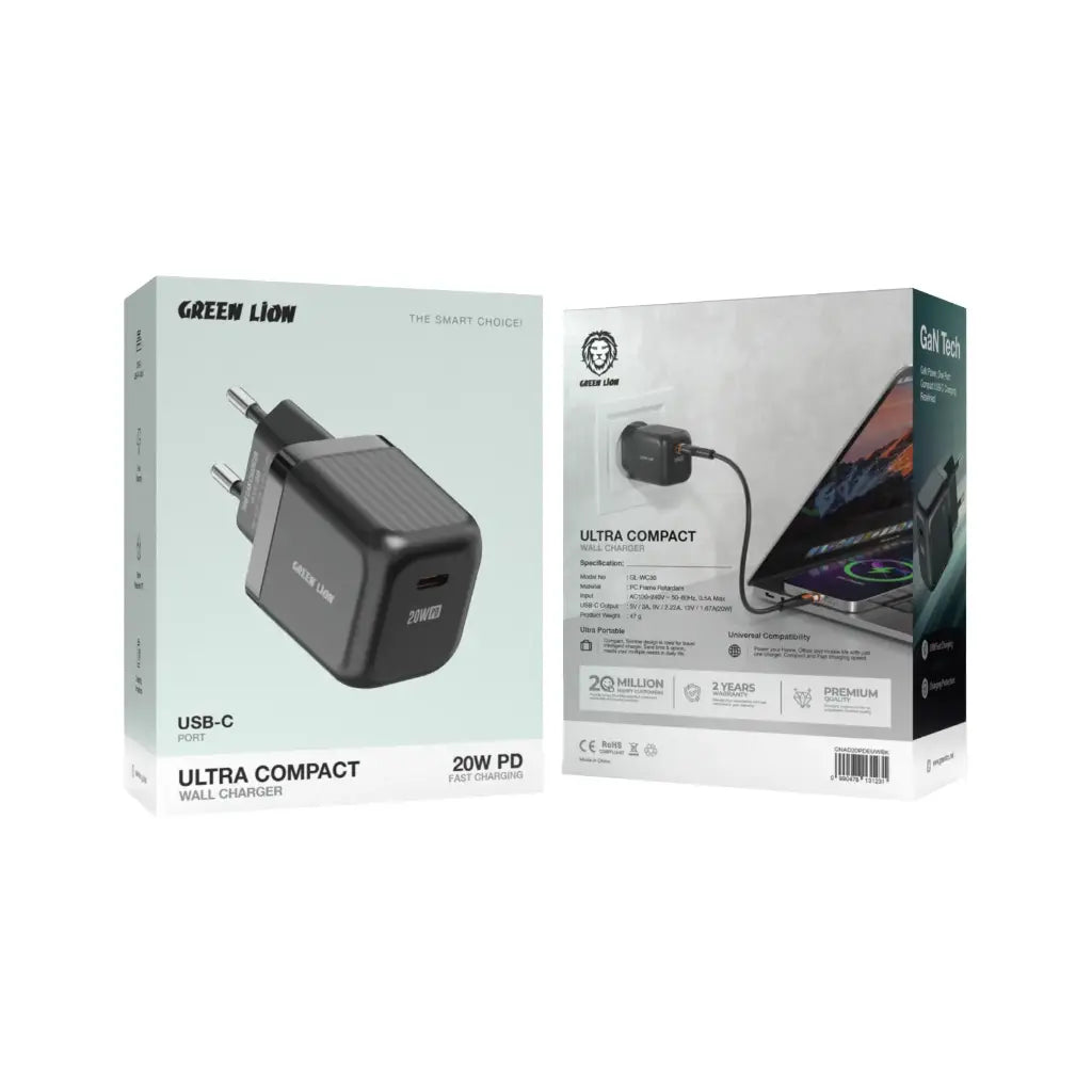 Green Lion Ultra Compact GaN 20W Charger Single Port with Bonus Lightning Cable