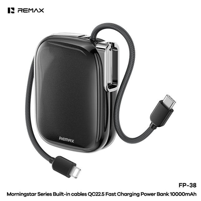Remax FP-38 10,000mAh Power Bank — QC 22.5W Fast Charging with Built-In Cable