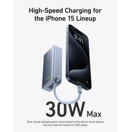 بنك طاقة انكر نانو (Anker Nano Power Bank) بقوة 30 واط - سعة 10,000 مللي أمبير - كابل USB-C مدمج - شحن سريع ثنائي الاتجاه - شاشة رقمية ذكية - تصميم مدمج للسفر