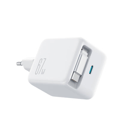 رأس شاحن جداري جوي رووم (Joyroom) موديل JR-TCL06 - قوة 67 واط GaN - كابل تايب سي مدمج قابل للسحب (1.5 متر) - 3 منافذ - لون أبيض