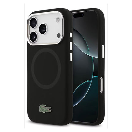 كفر لاكوست (Lacoste) سيليكون مع شعار معدني للايفون 17 برو - يدعم الماج سيف (MagSafe)، حماية فاخرة وتصميم أنيق - أسود وأخضر