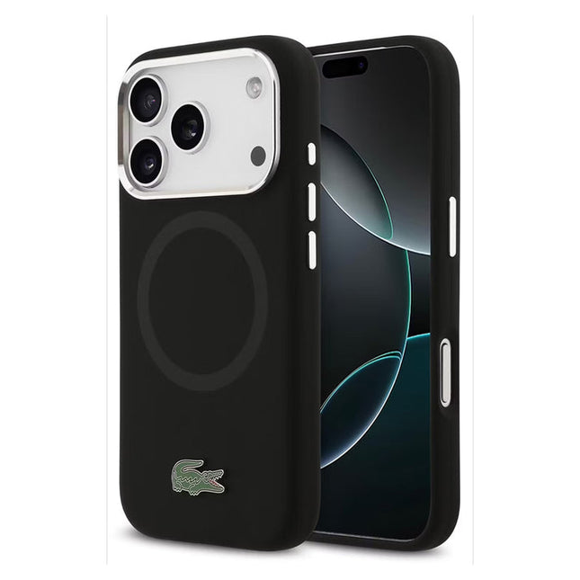 كفر لاكوست (Lacoste) سيليكون مع شعار معدني للايفون 17 برو - يدعم الماج سيف (MagSafe)، حماية فاخرة وتصميم أنيق - أسود وأخضر