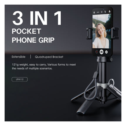 Lenyes LPH112 3-in-1 Phone Holder - Integrated Bluetooth Remote - Telescopic Extendable Stand - Ergonomic Handheld Grip - 360 Degree Rotation - Black