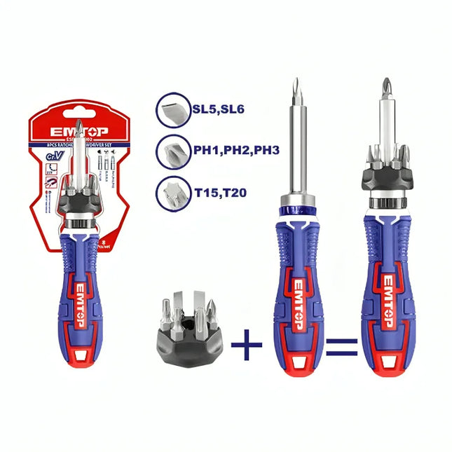 EMTOP ESDRH0802 – 8 Pcs Ratchet Screwdriver Set
