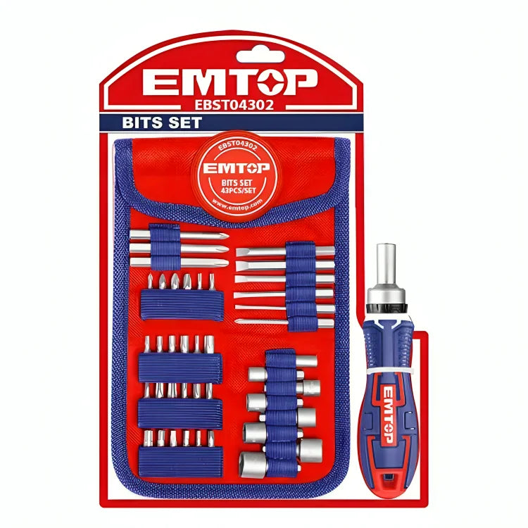 طقم رؤوس مفكات مكون من 43 قطعة EMTOP EBST04302 طقم رؤوس مفكات مكون من 43 قطعة EMTOP EBST04302