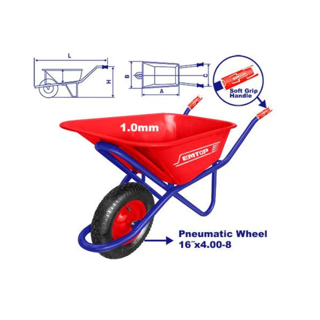 EMTOP EWBW4018G Heavy-Duty Concrete Wheelbarrow 90L 
