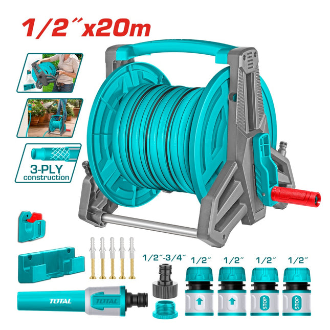 Total THHR20124 Garden Hose Reel Kit – 20m Hose with Spray Nozzle & 6 Couplings